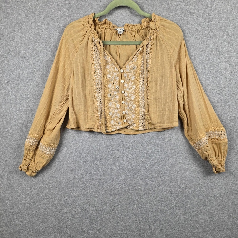 American Eagle Outfitters Blouse‎ Womens XS Yellow Embroidered Boho Cropped Top